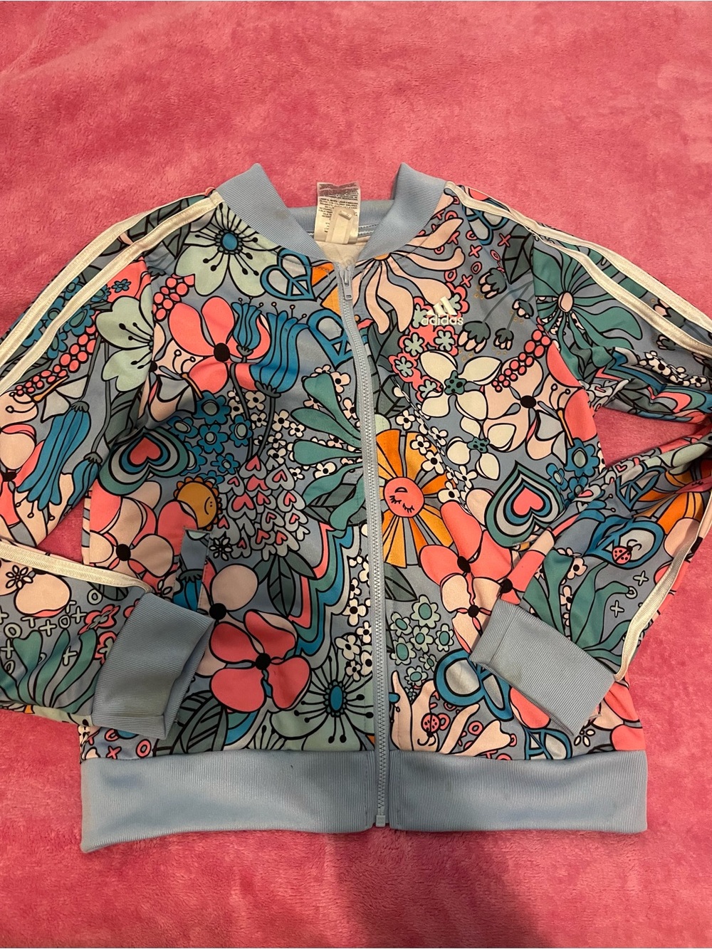 adidas Kids Floral Print Zip Jacket in Light Blue, Pink & Teal